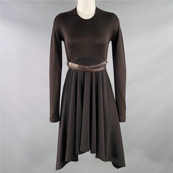 DONNA KARAN Size 6 Brown Wool Jersey Belted Long Sleeve Asymmetrical Dress - Picture 1 of 10